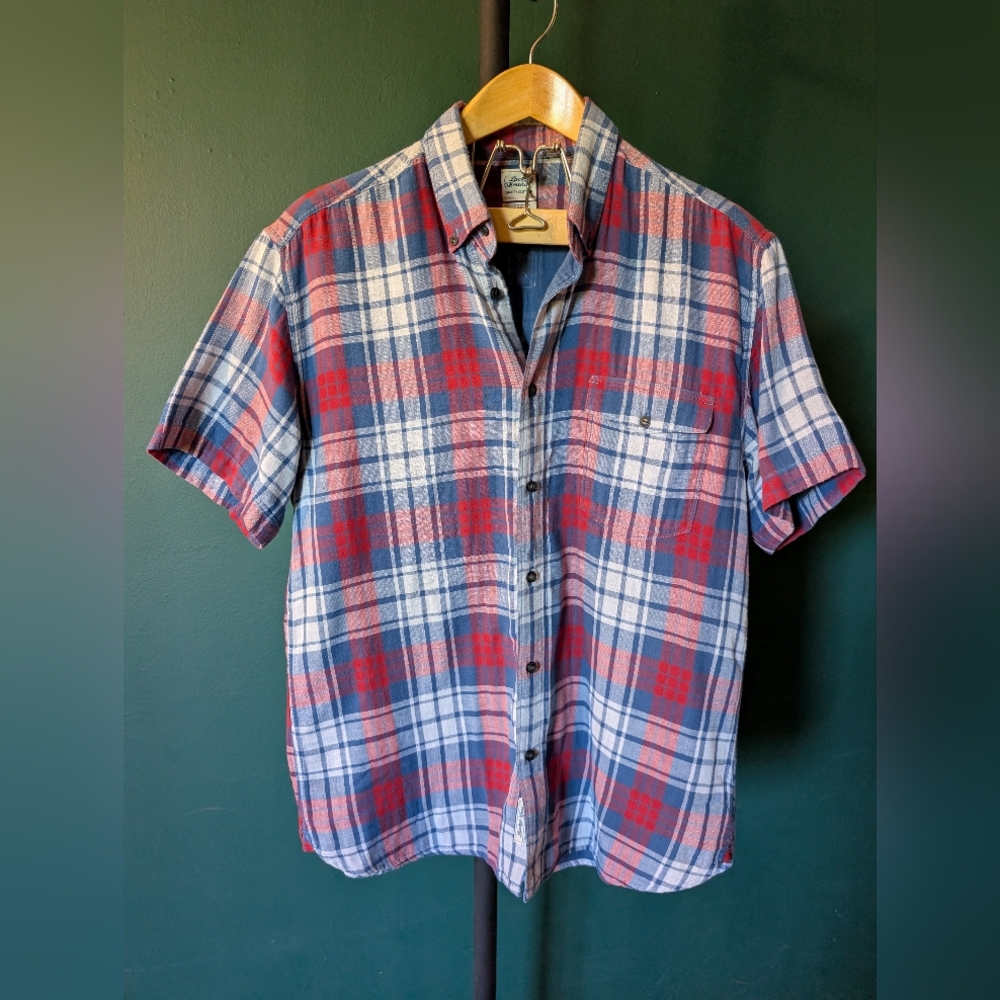 Men's Lucky Brand Blue and Red Plaid Lined Button Down Short Sleeve, Size L